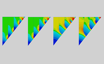 Wärmeverteilung in 4 Simulationen mit unterschiedlichen Schnittformen 